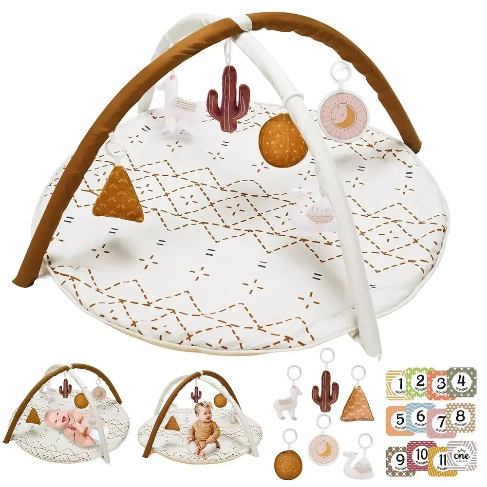 Tummy Time Activity Mat Macrame Baby Play Gym w/ 6 Toys & 12 Milestone Cards